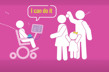 Icon of child in wheelchair using AAC device to say "I can do it" with parents and siblings cheering for them