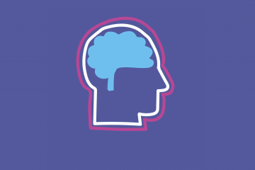 Outline of a person's head, with blue brain inside against dark purple background