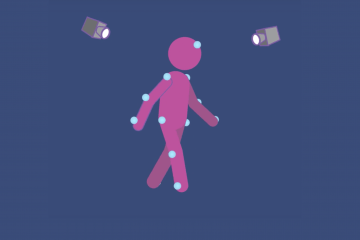 Stick figure against purple background with trackers and cameras on them to monitor their gait