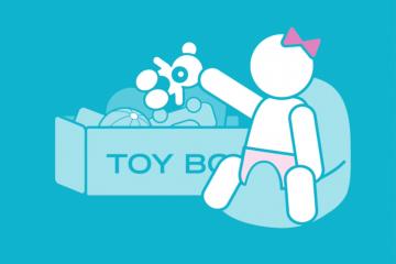 Drawing of child sitting down picking toys out of a box