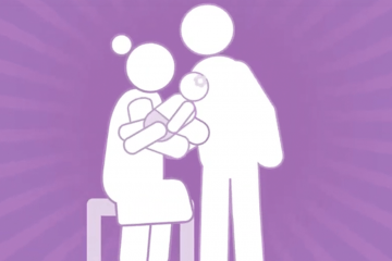 Stick figure drawing of two parents holding their child
