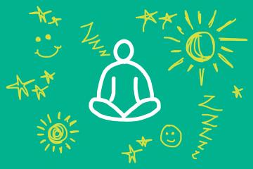 Drawing of a person meditating with doodles of suns and happy faces against a green background