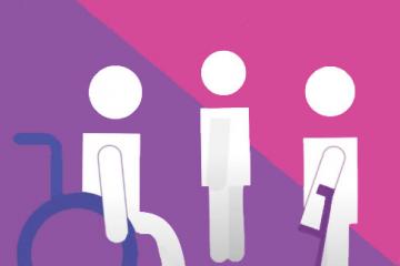 An image of three people on a pink and purple background