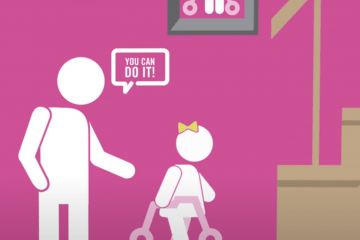 Representation of a parent cheering on their child with a text bubble above them that reads "You can do it!", while the child who uses a walker prepares to go up the stairs