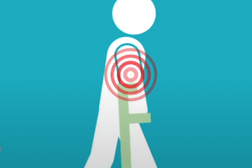 Representation of person using crutches with red circles radiating around their shoulders representing pain