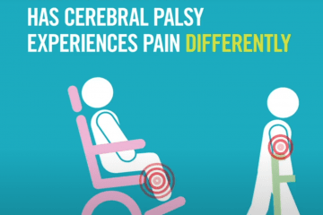 "Every Person who has cerebral palsy experiences pain differently" shown in text above a representation of two people, one in a wheelchair, the other using crutches