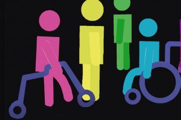"People with Disabilities Also Have Diverse Sexualities and Gender Identities" is written in text above a representation of different people, some using wheelchairs, some using crutches, some standing without assistance. The representations of people are all in different colors reminiscent of the pride flag