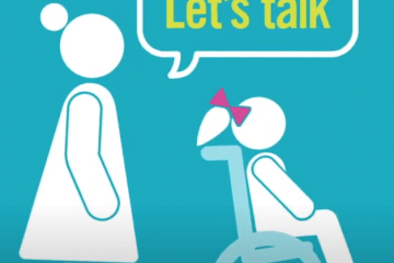 "Let's talk" is written in a speech bubble above a representation of a parent standing with their child who uses a wheelchair