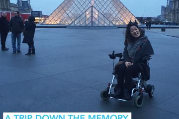 "A Trip Down the Memory Lane of Traveling: Part One" written in text below image of writer, Sarah Kim, in front of the Louvre Pyramid in Paris, France