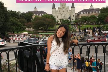 "A Trip Down the Memory Lane of Traveling: Part Two" in text above image of writer, Sarah Kim, in front of Jackson Square in New Orlean's French Quarter  
