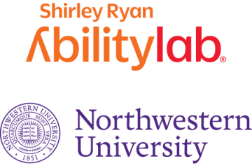 Shirley Ryan Ability Lab written in Orange Lettering over Northwestern University Written in Purple Lettering