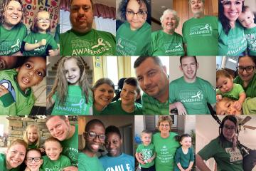 Collage of individuals and families with cerebral palsy wearing green t-shirts that say go green for CP
