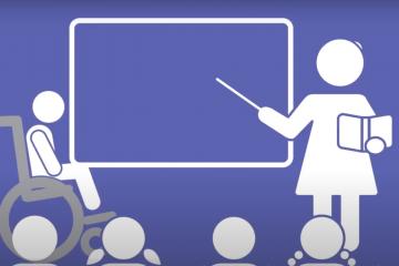 Graphic of a teacher in front of a chalk board with a child in a wheelchair observing