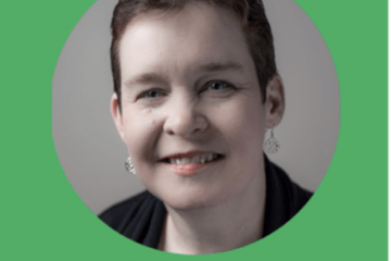 Kathleen Friel, PhD with short brown hair, smiling wearing a black shirt surrounded by a green circle with the inscription Cerebral Palsy Foundation, 2021 National CP research awareness award