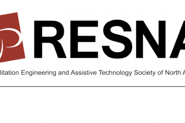 Logo for RESNA with a red flag and black lettering that says Rehabilitation and Assistive Technology Professional Society of North America