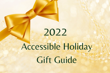 2022 Accessible Holiday Gift Guide with a gold bow over gold glitter background