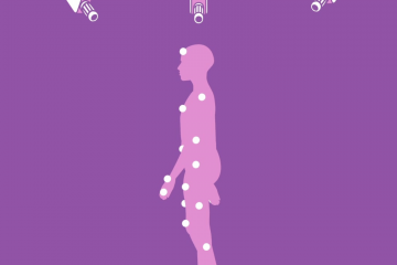 An illustration of a person standing up with little white dots, or sensors all over their body. The person is standing underneath three movie cameras.