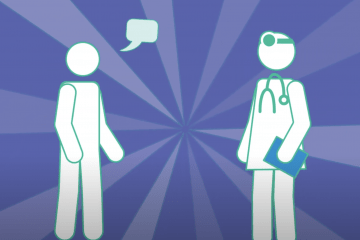 Illustration of a patient standing up talking with a doctor in front of a purple pinwheel background