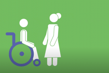 Illustration of a person in a purple wheelchair about to be transferred to standing by a woman standing in front of them. They are drawn on a green background.